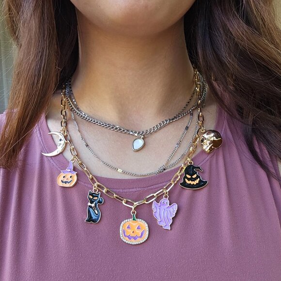 Halloween Pumpkin Cat Ghost Skull Gold Charm Necklace - Picture 1 of 4